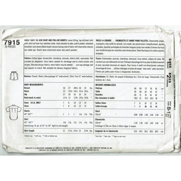 Simplicity Sewing Pattern 7915 Camp Shirt Shorts Girls Size 7-10 - Picture 2 of 2